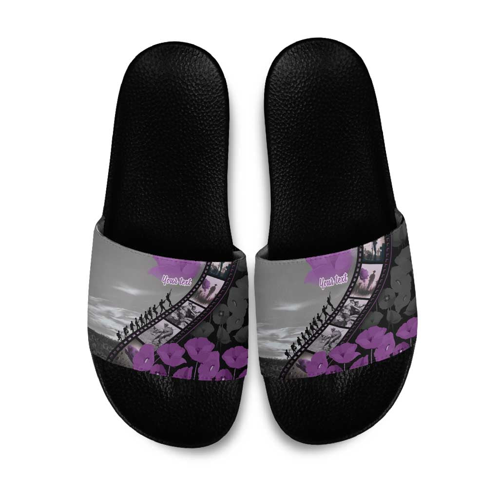 Personalised Remembering ANZAC Lest We Forget Slide Sandals Vintage Film Frame Memorial Purple Poppy LT9 Purple - Polynesian Pride