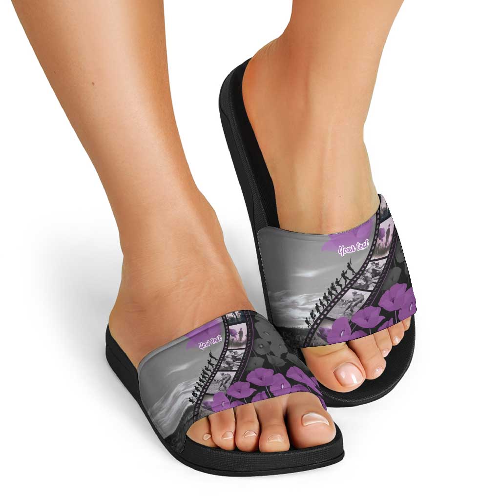 Personalised Remembering ANZAC Lest We Forget Slide Sandals Vintage Film Frame Memorial Purple Poppy LT9 - Polynesian Pride