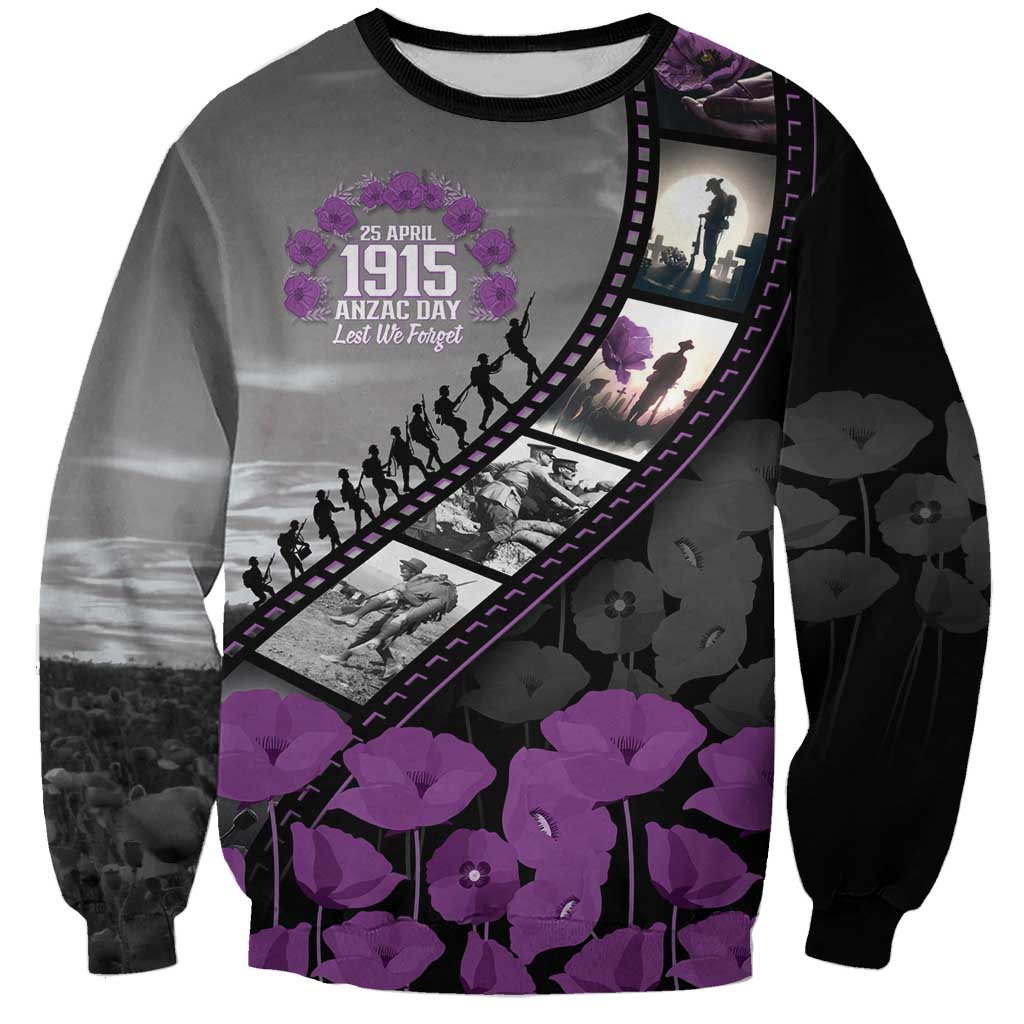 Personalised Remembering ANZAC Lest We Forget Sweatshirt Vintage Film Frame Memorial Purple Poppy LT9 Unisex Purple - Polynesian Pride