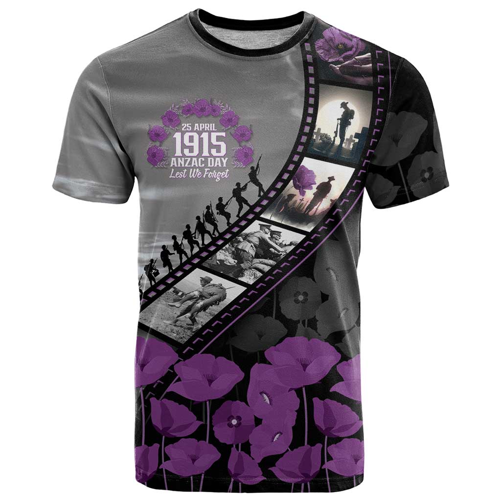 Personalised Remembering ANZAC Lest We Forget T Shirt Vintage Film Frame Memorial Purple Poppy LT9 Purple - Polynesian Pride