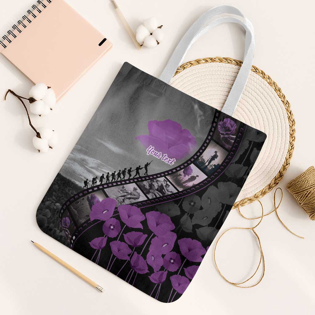 Personalised Remembering ANZAC Lest We Forget Tote Bag Vintage Film Frame Memorial Purple Poppy LT9 White Strap One Size Purple - Polynesian Pride