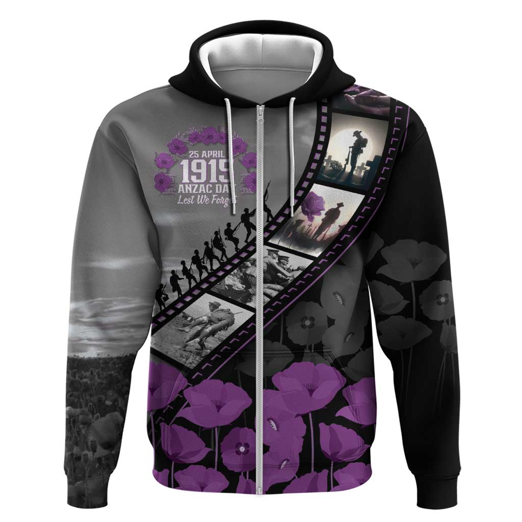 Personalised Remembering ANZAC Lest We Forget Zip Hoodie Vintage Film Frame Memorial Purple Poppy LT9 Zip Hoodie Purple - Polynesian Pride