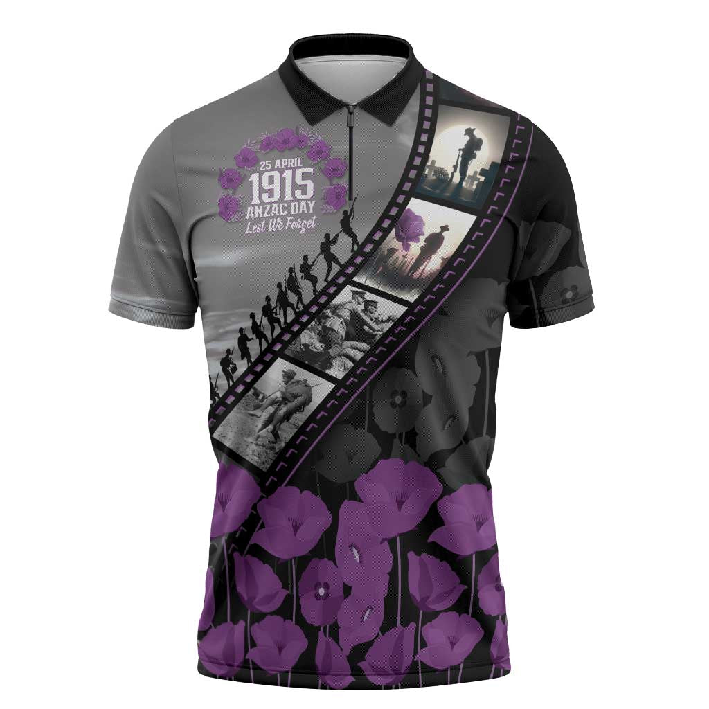 Personalised Remembering ANZAC Lest We Forget Zipper Polo Shirt Vintage Film Frame Memorial Purple Poppy LT9 Purple - Polynesian Pride