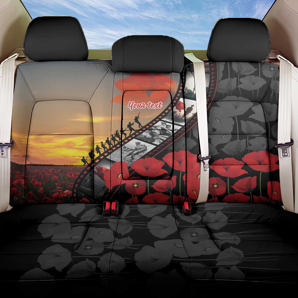 Personalised Remembering ANZAC Lest We Forget Back Car Seat Cover Vintage Film Frame Memorial Red Poppy