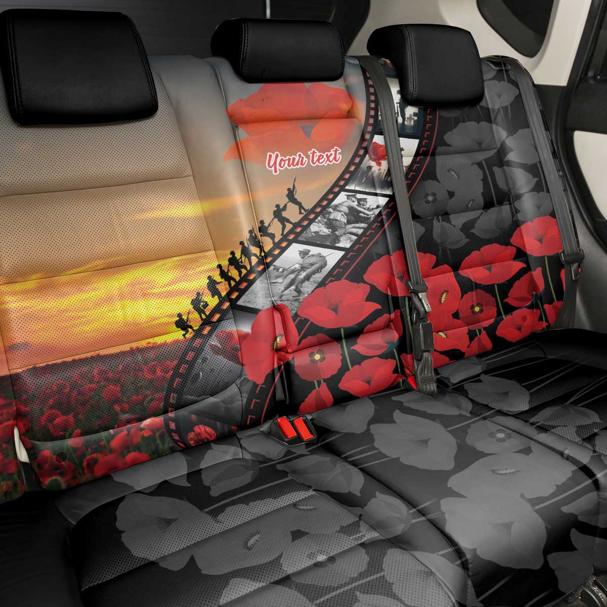 Personalised Remembering ANZAC Lest We Forget Back Car Seat Cover Vintage Film Frame Memorial Red Poppy LT9 - Polynesian Pride