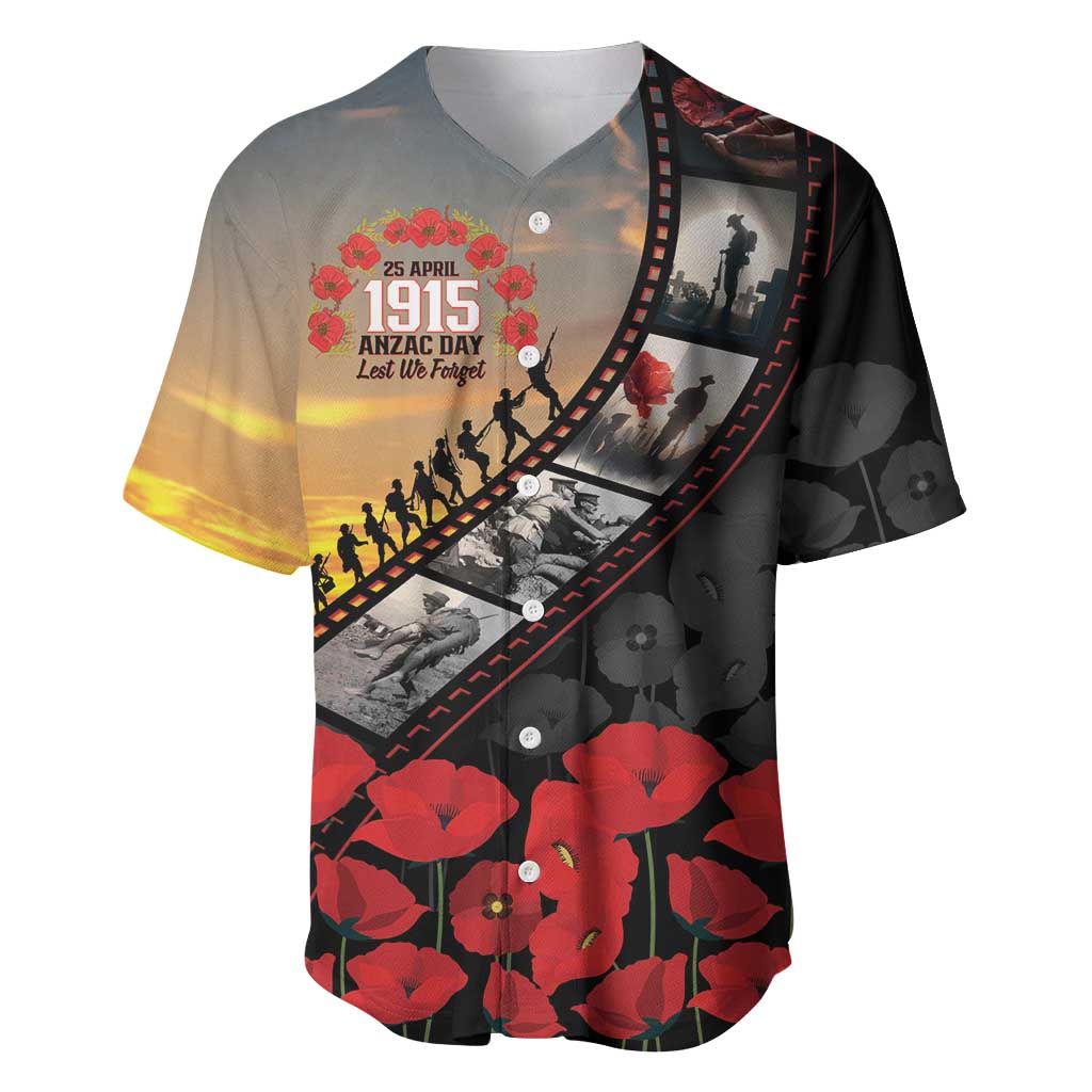 Personalised Remembering ANZAC Lest We Forget Baseball Jersey Vintage Film Frame Memorial Red Poppy LT9 Red - Polynesian Pride