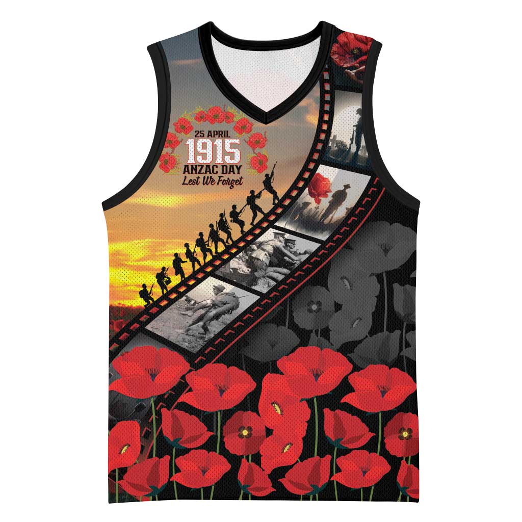Personalised Remembering ANZAC Lest We Forget Basketball Jersey Vintage Film Frame Memorial Red Poppy LT9 Unisex Red - Polynesian Pride