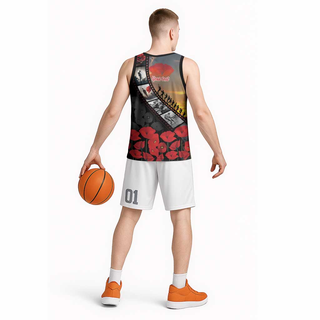 Personalised Remembering ANZAC Lest We Forget Basketball Jersey Vintage Film Frame Memorial Red Poppy LT9 - Polynesian Pride