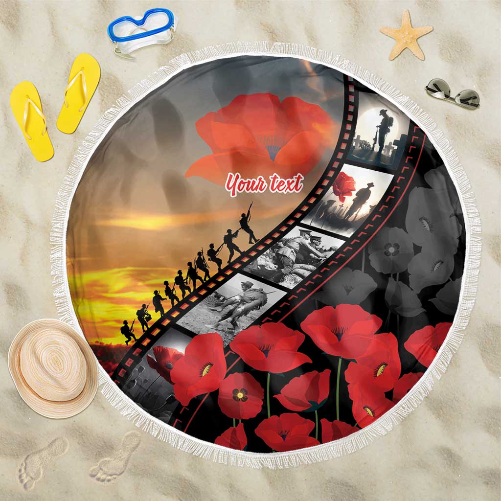 Personalised Remembering ANZAC Lest We Forget Beach Blanket Vintage Film Frame Memorial Red Poppy LT9 One Size 150cm Red - Polynesian Pride