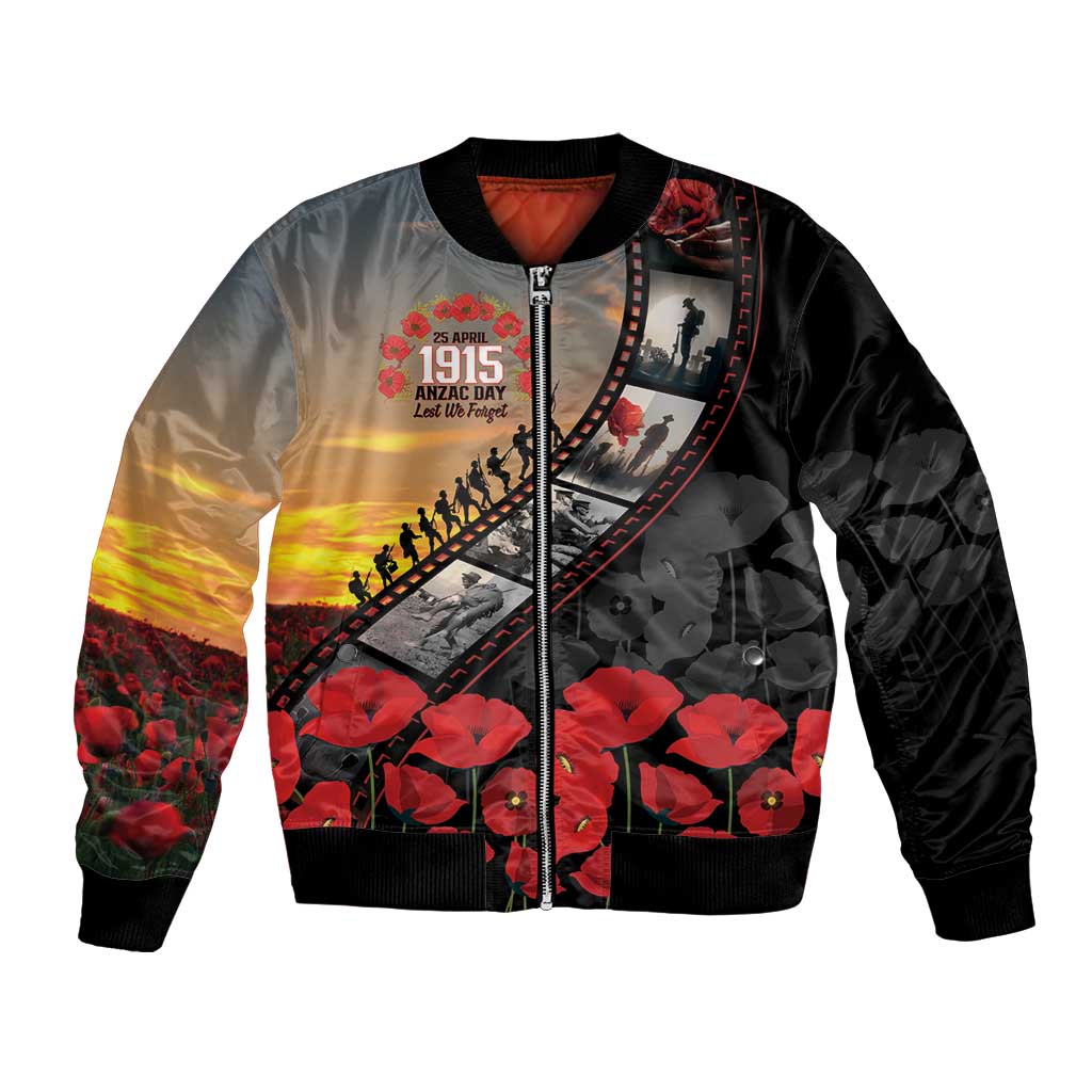 Personalised Remembering ANZAC Lest We Forget Bomber Jacket Vintage Film Frame Memorial Red Poppy LT9 Unisex Red - Polynesian Pride