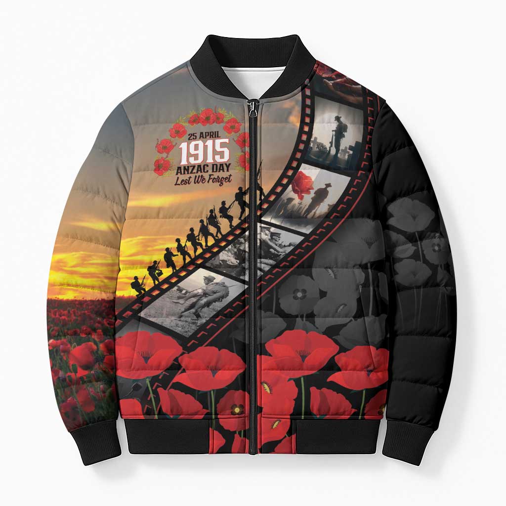 Personalised Remembering ANZAC Lest We Forget Bomber Puffer Jacket Vintage Film Frame Memorial Red Poppy LT9 Unisex Red - Polynesian Pride
