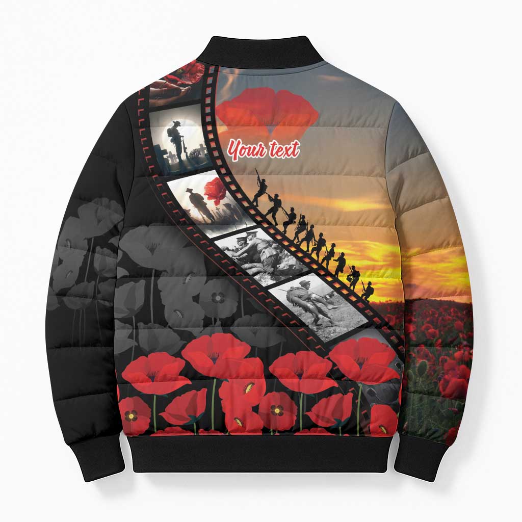 Personalised Remembering ANZAC Lest We Forget Bomber Puffer Jacket Vintage Film Frame Memorial Red Poppy LT9 - Polynesian Pride