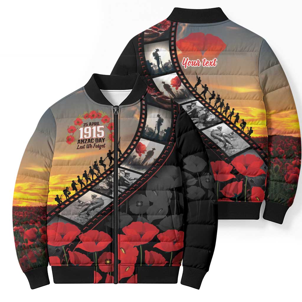 Personalised Remembering ANZAC Lest We Forget Bomber Puffer Jacket Vintage Film Frame Memorial Red Poppy LT9 - Polynesian Pride