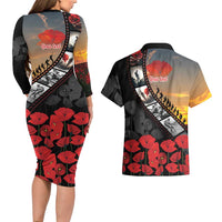 Personalised Remembering ANZAC Lest We Forget Couples Matching Long Sleeve Bodycon Dress and Hawaiian Shirt Vintage Film Frame Memorial Red Poppy