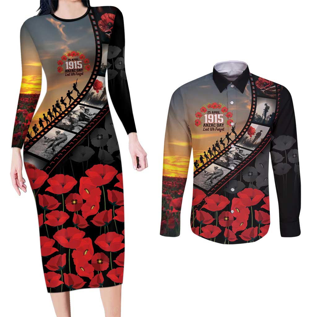 Personalised Remembering ANZAC Lest We Forget Couples Matching Long Sleeve Bodycon Dress and Long Sleeve Button Shirt Vintage Film Frame Memorial Red Poppy LT9 Red - Polynesian Pride