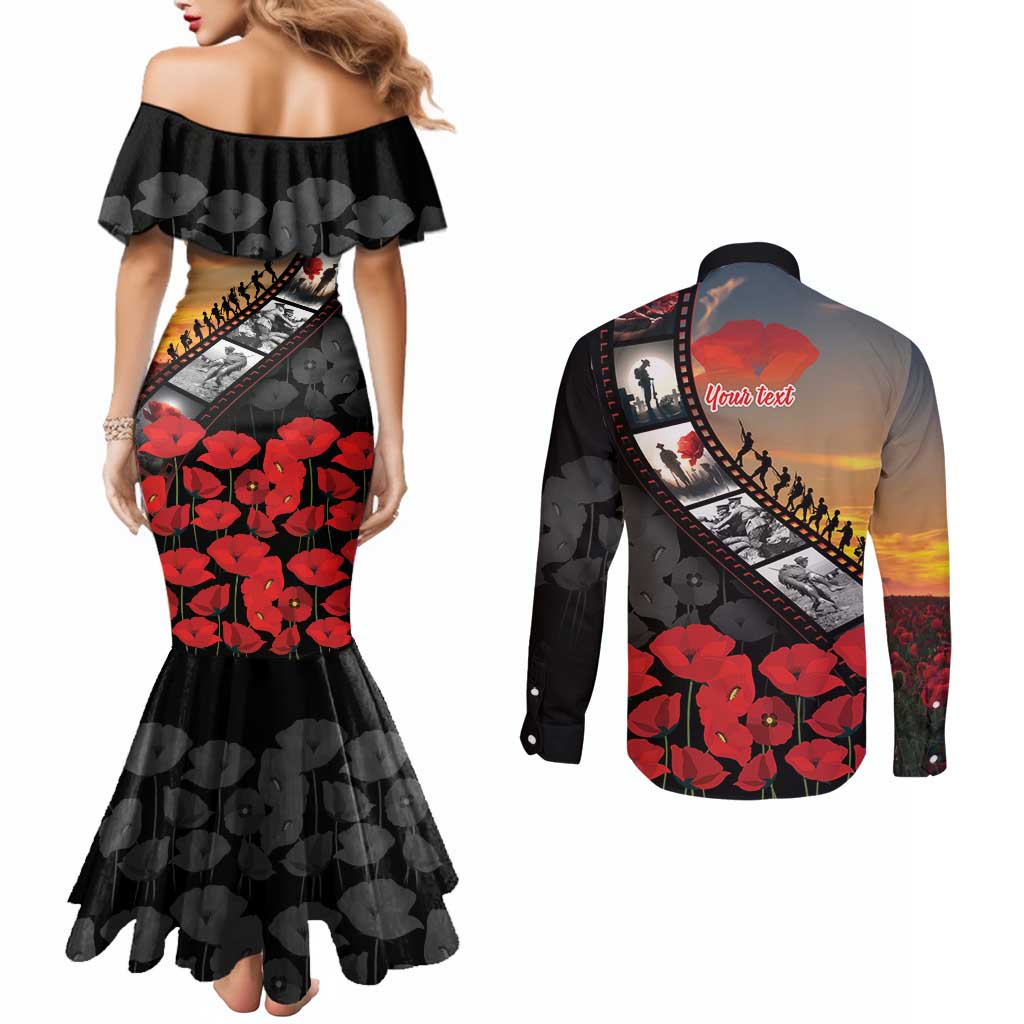 Personalised Remembering ANZAC Lest We Forget Couples Matching Mermaid Dress and Long Sleeve Button Shirt Vintage Film Frame Memorial Red Poppy