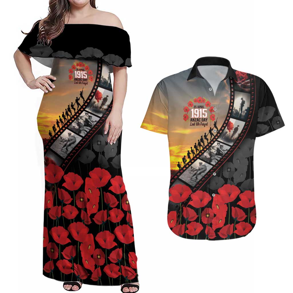 Personalised Remembering ANZAC Lest We Forget Couples Matching Off Shoulder Maxi Dress and Hawaiian Shirt Vintage Film Frame Memorial Red Poppy LT9 Red - Polynesian Pride