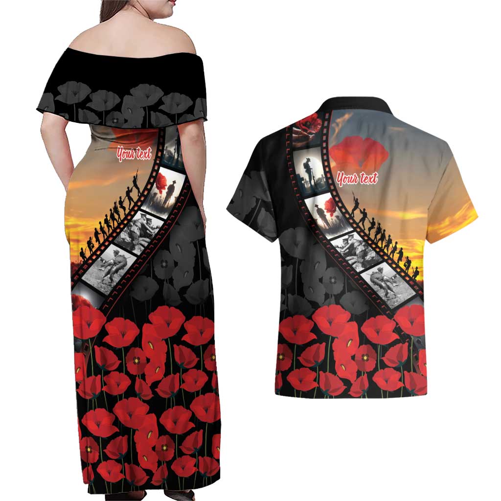 Personalised Remembering ANZAC Lest We Forget Couples Matching Off Shoulder Maxi Dress and Hawaiian Shirt Vintage Film Frame Memorial Red Poppy