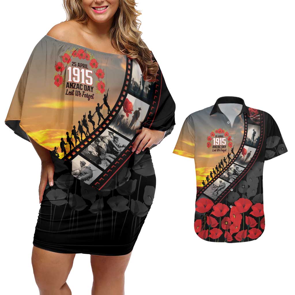 Personalised Remembering ANZAC Lest We Forget Couples Matching Off Shoulder Short Dress and Hawaiian Shirt Vintage Film Frame Memorial Red Poppy LT9 Red - Polynesian Pride