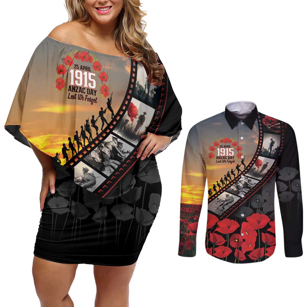Personalised Remembering ANZAC Lest We Forget Couples Matching Off Shoulder Short Dress and Long Sleeve Button Shirt Vintage Film Frame Memorial Red Poppy LT9 Red - Polynesian Pride
