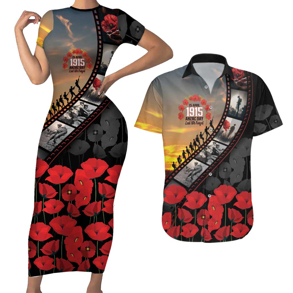 Personalised Remembering ANZAC Lest We Forget Couples Matching Short Sleeve Bodycon Dress and Hawaiian Shirt Vintage Film Frame Memorial Red Poppy LT9 Red - Polynesian Pride