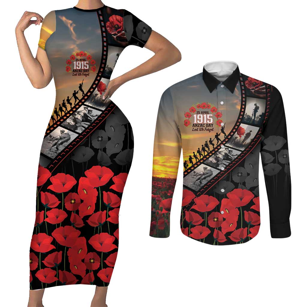 Personalised Remembering ANZAC Lest We Forget Couples Matching Short Sleeve Bodycon Dress and Long Sleeve Button Shirt Vintage Film Frame Memorial Red Poppy LT9 Red - Polynesian Pride
