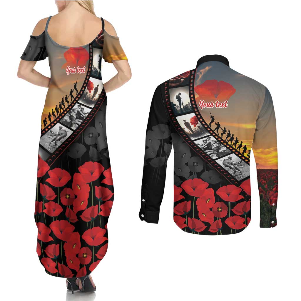 Personalised Remembering ANZAC Lest We Forget Couples Matching Summer Maxi Dress and Long Sleeve Button Shirt Vintage Film Frame Memorial Red Poppy