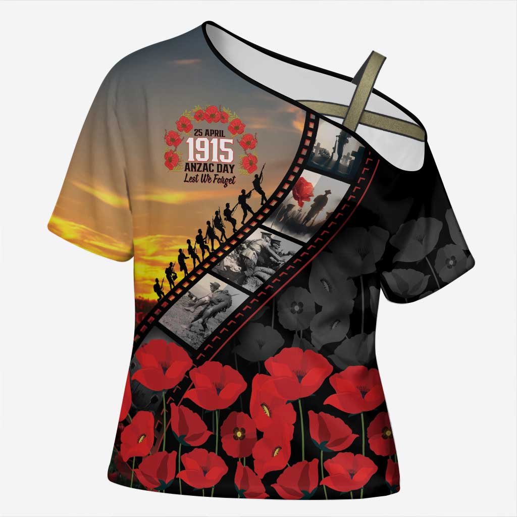 Personalised Remembering ANZAC Lest We Forget Cross Shoulder Shirt Vintage Film Frame Memorial Red Poppy LT9 Female Red - Polynesian Pride