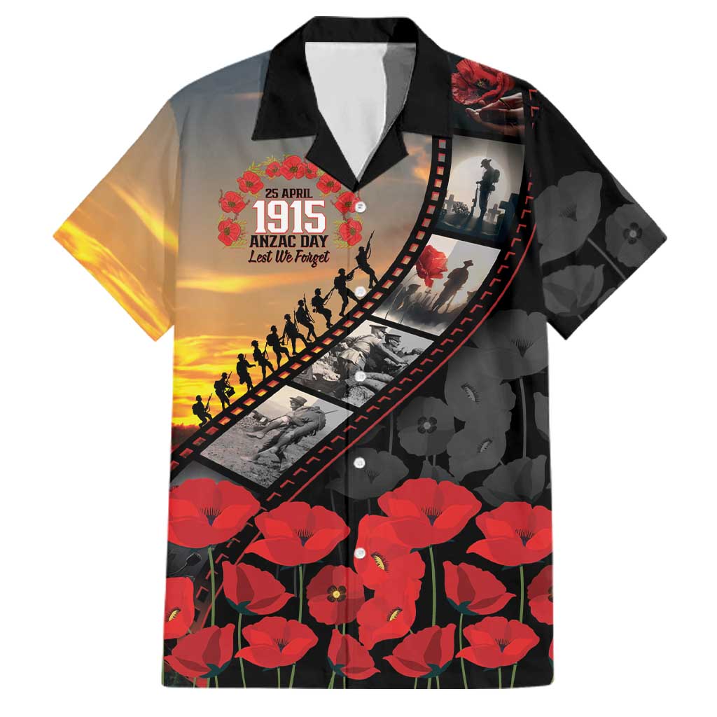 Personalised Remembering ANZAC Lest We Forget Family Matching Off Shoulder Maxi Dress and Hawaiian Shirt Vintage Film Frame Memorial Red Poppy