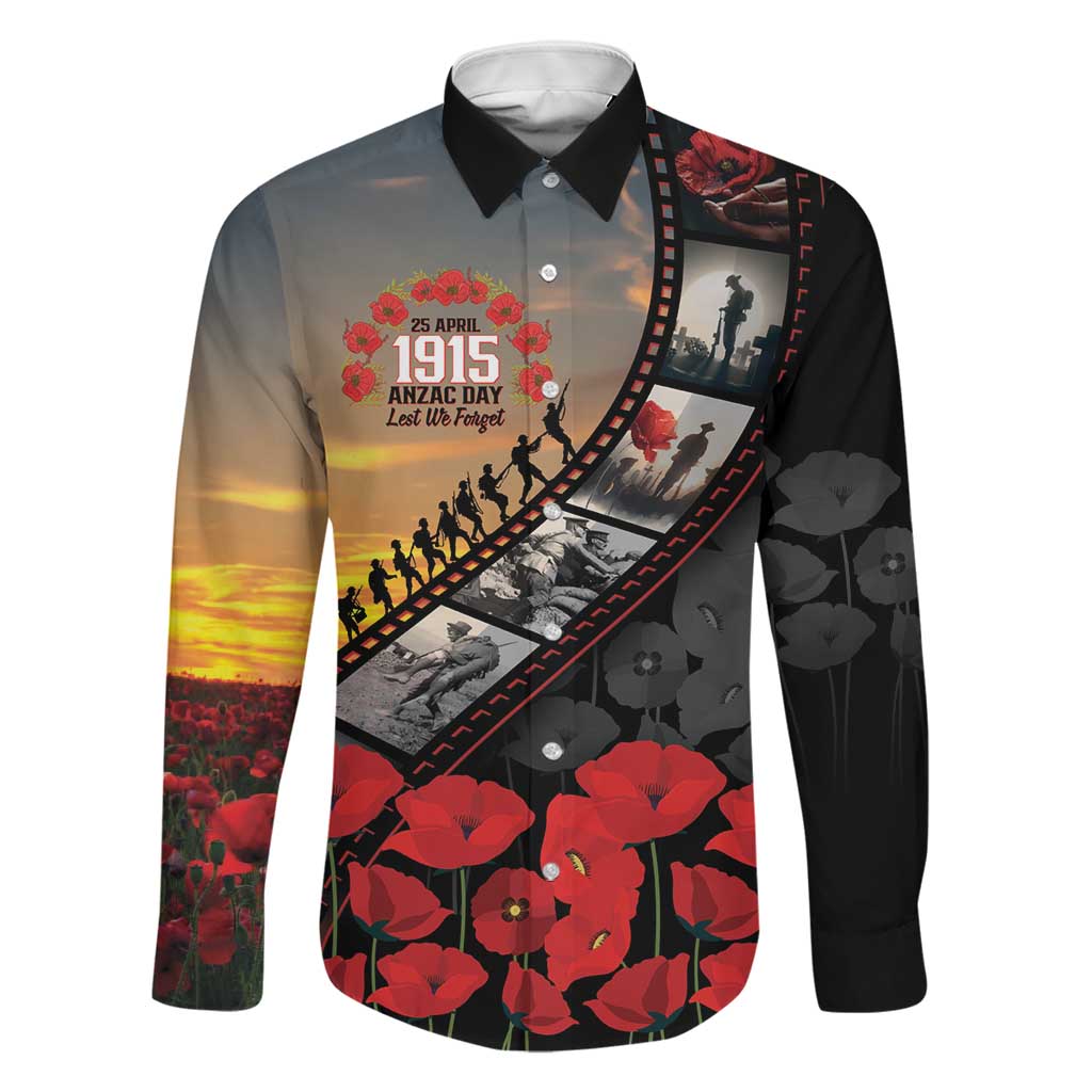 Personalised Remembering ANZAC Lest We Forget Family Matching Off Shoulder Maxi Dress and Hawaiian Shirt Vintage Film Frame Memorial Red Poppy
