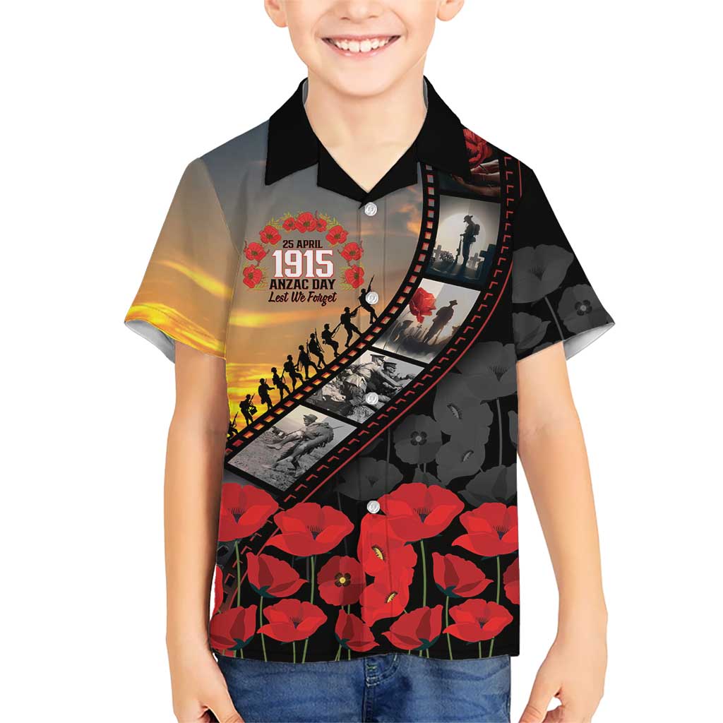 Personalised Remembering ANZAC Lest We Forget Family Matching Off Shoulder Maxi Dress and Hawaiian Shirt Vintage Film Frame Memorial Red Poppy