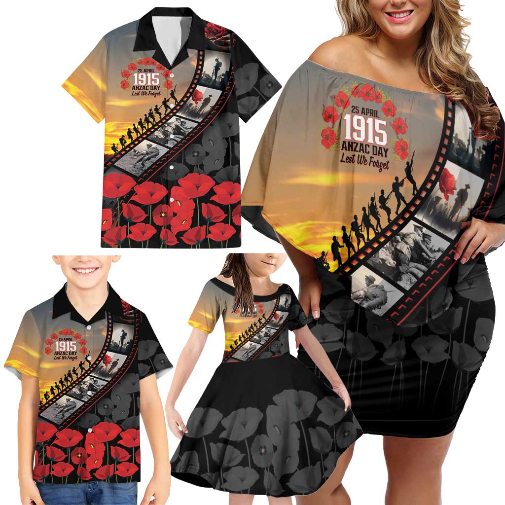 Personalised Remembering ANZAC Lest We Forget Family Matching Off Shoulder Short Dress and Hawaiian Shirt Vintage Film Frame Memorial Red Poppy LT9 - Polynesian Pride