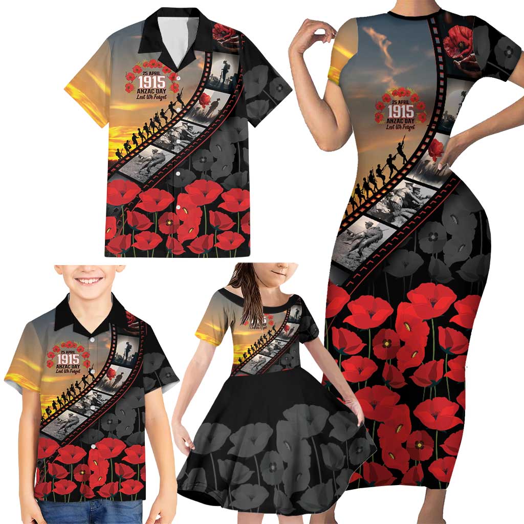 Personalised Remembering ANZAC Lest We Forget Family Matching Short Sleeve Bodycon Dress and Hawaiian Shirt Vintage Film Frame Memorial Red Poppy LT9 - Polynesian Pride