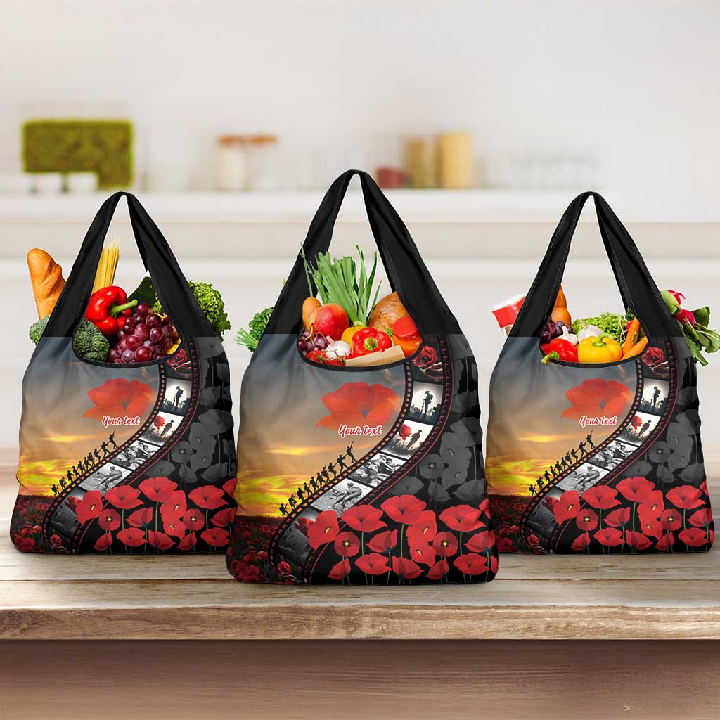 Personalised Remembering ANZAC Lest We Forget Grocery Bag Vintage Film Frame Memorial Red Poppy LT9 3-pack One Size Red - Polynesian Pride