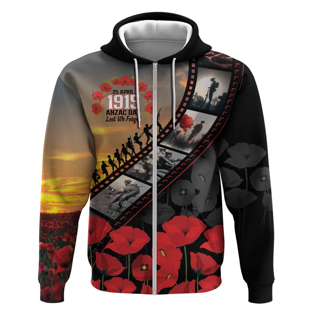 Personalised Remembering ANZAC Lest We Forget Hoodie Vintage Film Frame Memorial Red Poppy LT9 Zip Hoodie Red - Polynesian Pride