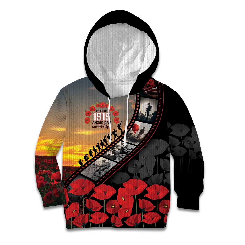 Personalised Remembering ANZAC Lest We Forget Kid Hoodie Vintage Film Frame Memorial Red Poppy LT9 Hoodie Red - Polynesian Pride