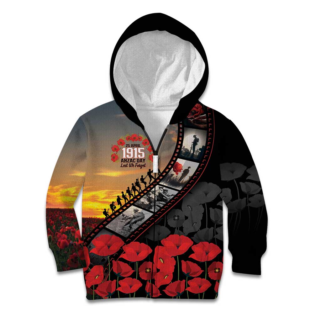 Personalised Remembering ANZAC Lest We Forget Kid Hoodie Vintage Film Frame Memorial Red Poppy LT9 Zip Hoodie Red - Polynesian Pride