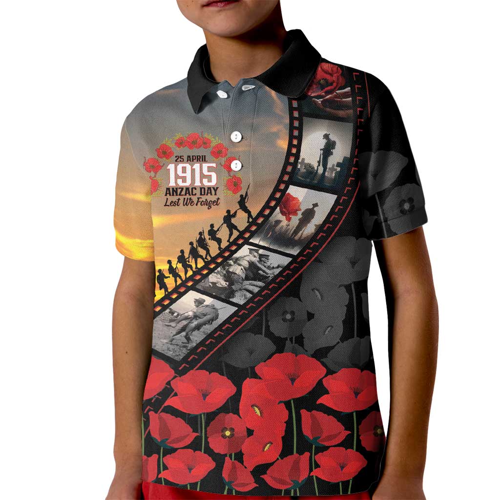 Personalised Remembering ANZAC Lest We Forget Kid Polo Shirt Vintage Film Frame Memorial Red Poppy LT9 Kid Red - Polynesian Pride