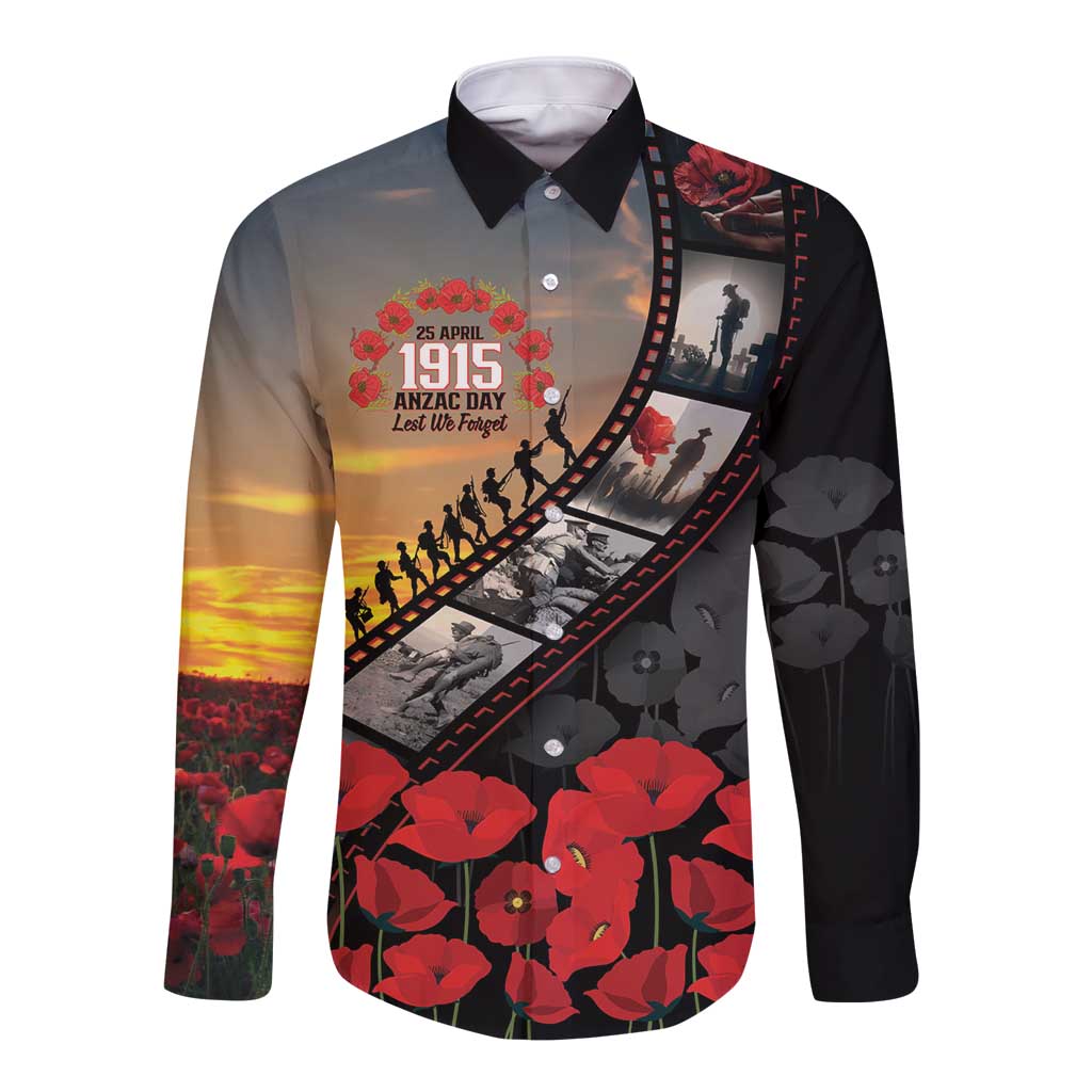 Personalised Remembering ANZAC Lest We Forget Long Sleeve Button Shirt Vintage Film Frame Memorial Red Poppy LT9 Unisex Red - Polynesian Pride