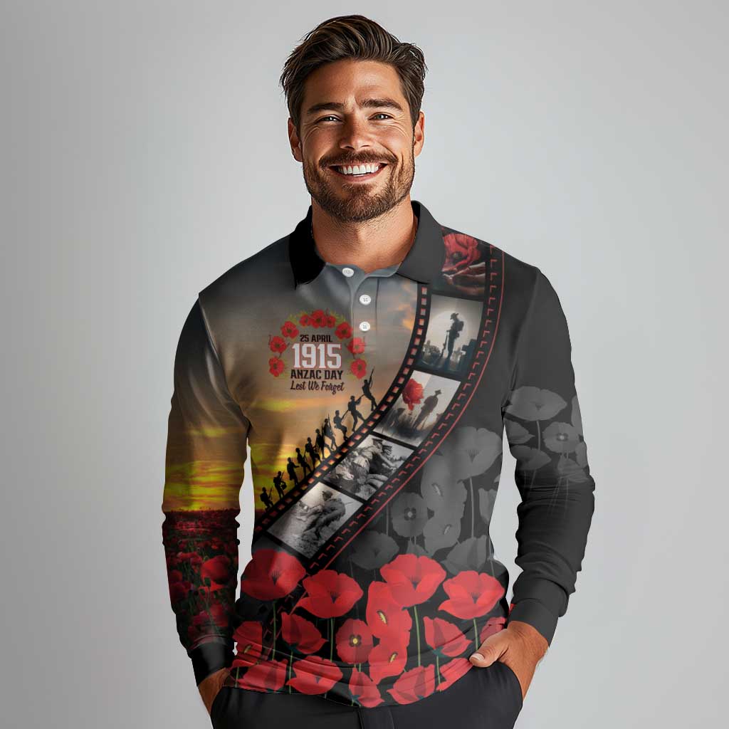 Personalised Remembering ANZAC Lest We Forget Long Sleeve Polo Shirt Vintage Film Frame Memorial Red Poppy