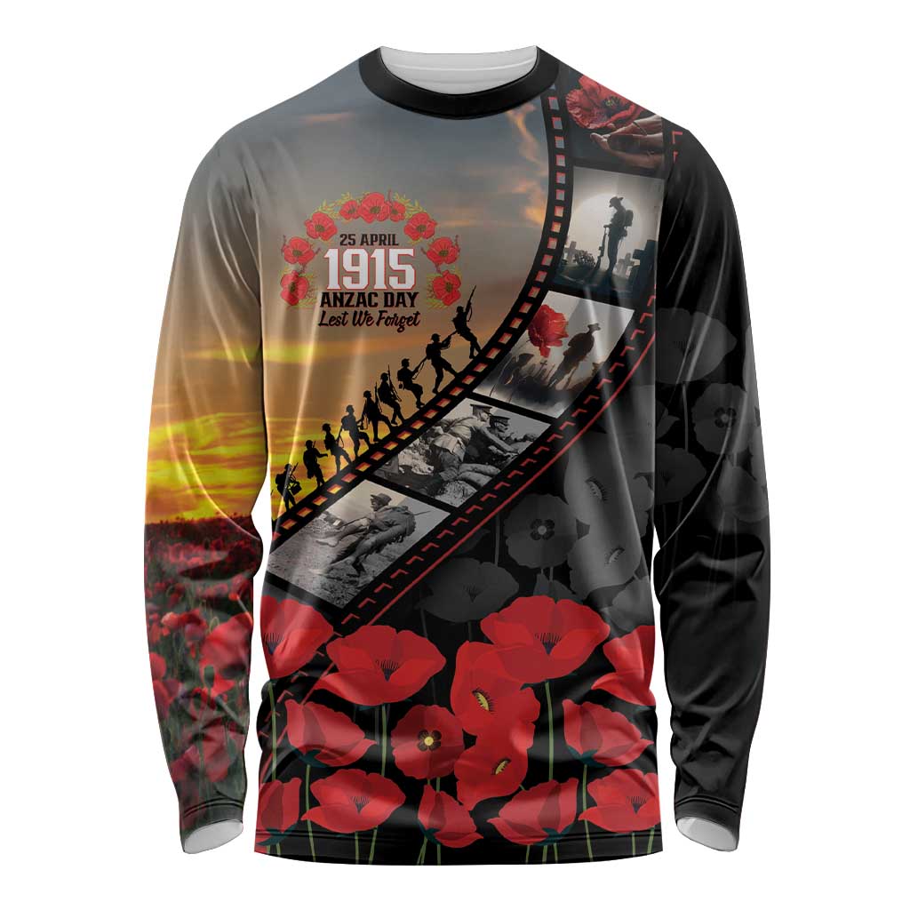 Personalised Remembering ANZAC Lest We Forget Long Sleeve Shirt Vintage Film Frame Memorial Red Poppy LT9 Unisex Red - Polynesian Pride