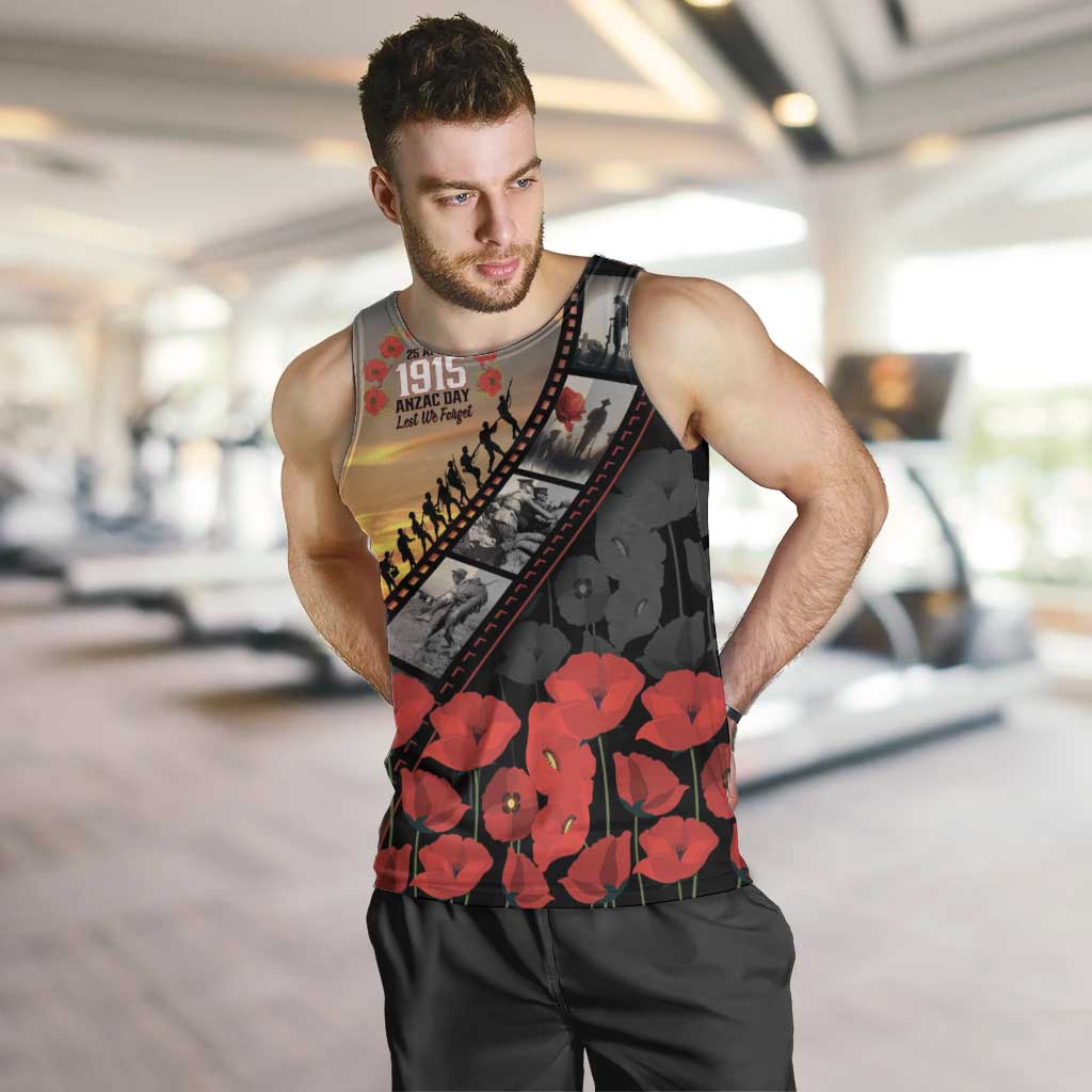 Personalised Remembering ANZAC Lest We Forget Men Tank Top Vintage Film Frame Memorial Red Poppy