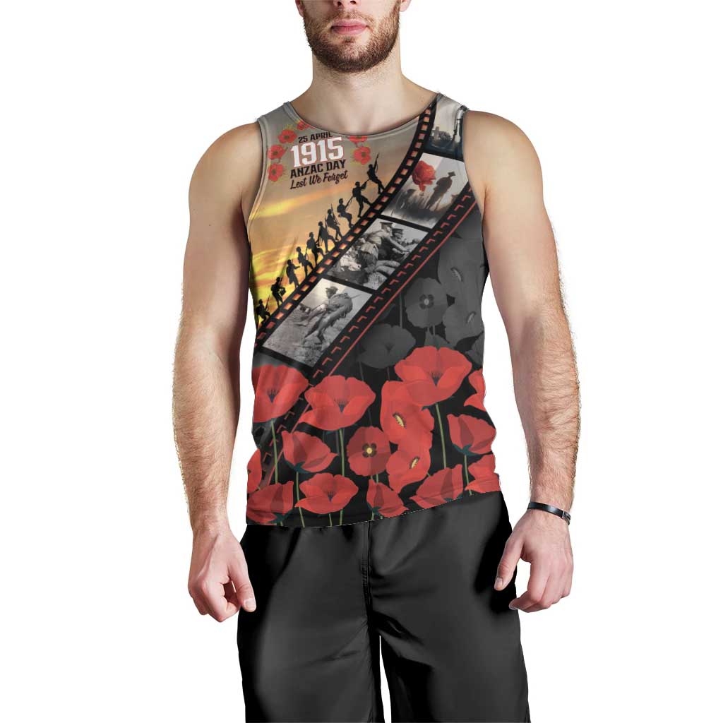Personalised Remembering ANZAC Lest We Forget Men Tank Top Vintage Film Frame Memorial Red Poppy