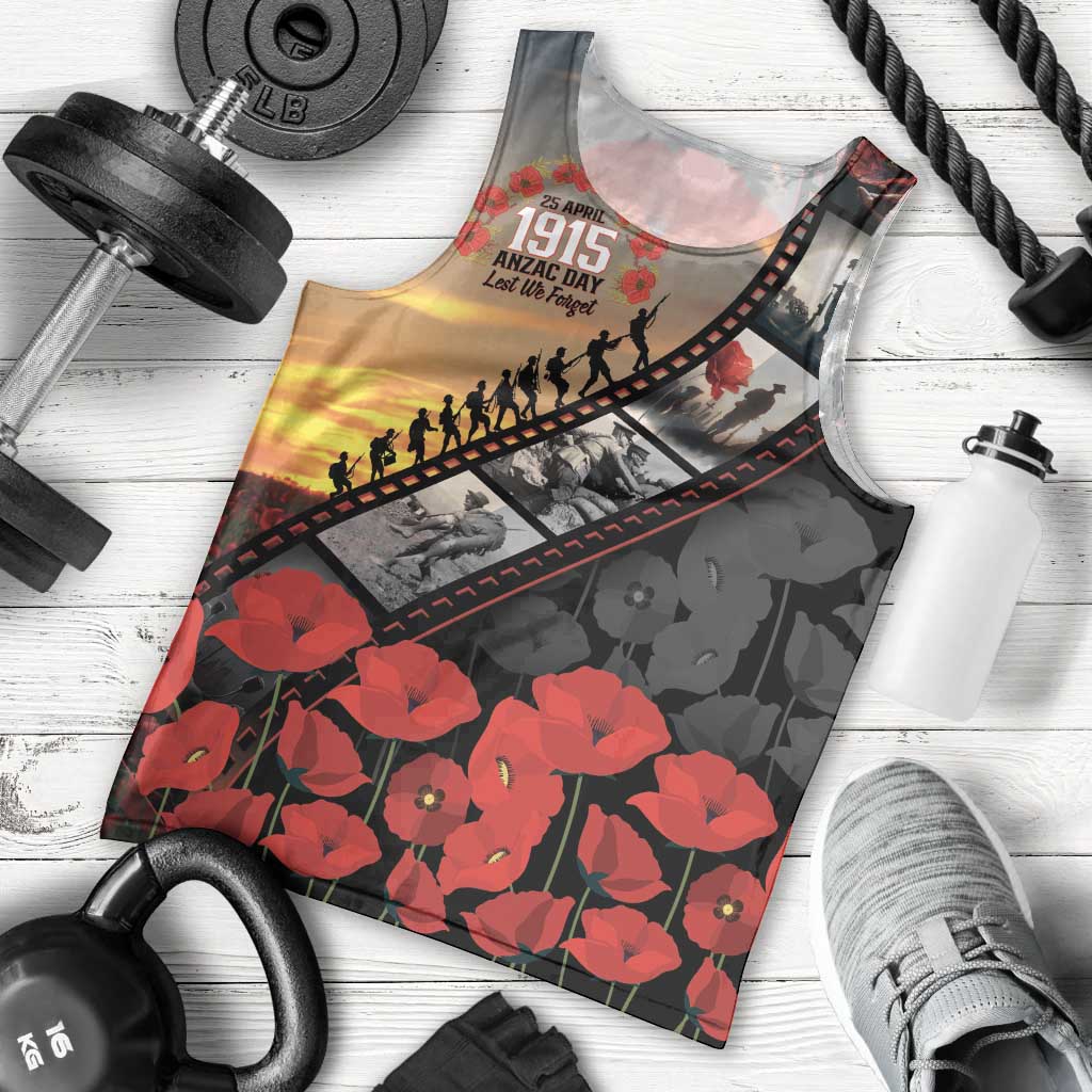 Personalised Remembering ANZAC Lest We Forget Men Tank Top Vintage Film Frame Memorial Red Poppy