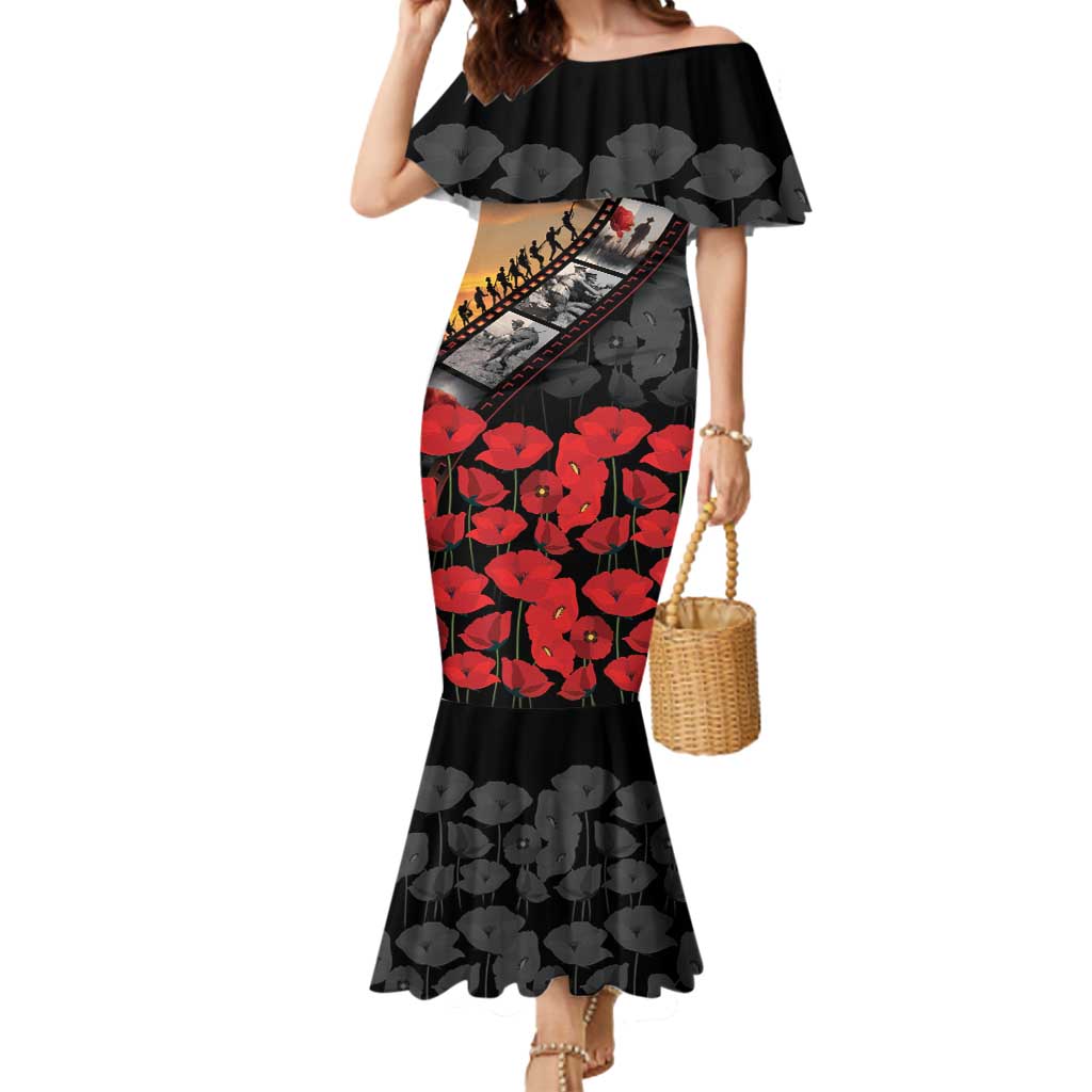 Personalised Remembering ANZAC Lest We Forget Mermaid Dress Vintage Film Frame Memorial Red Poppy LT9 Women Red - Polynesian Pride