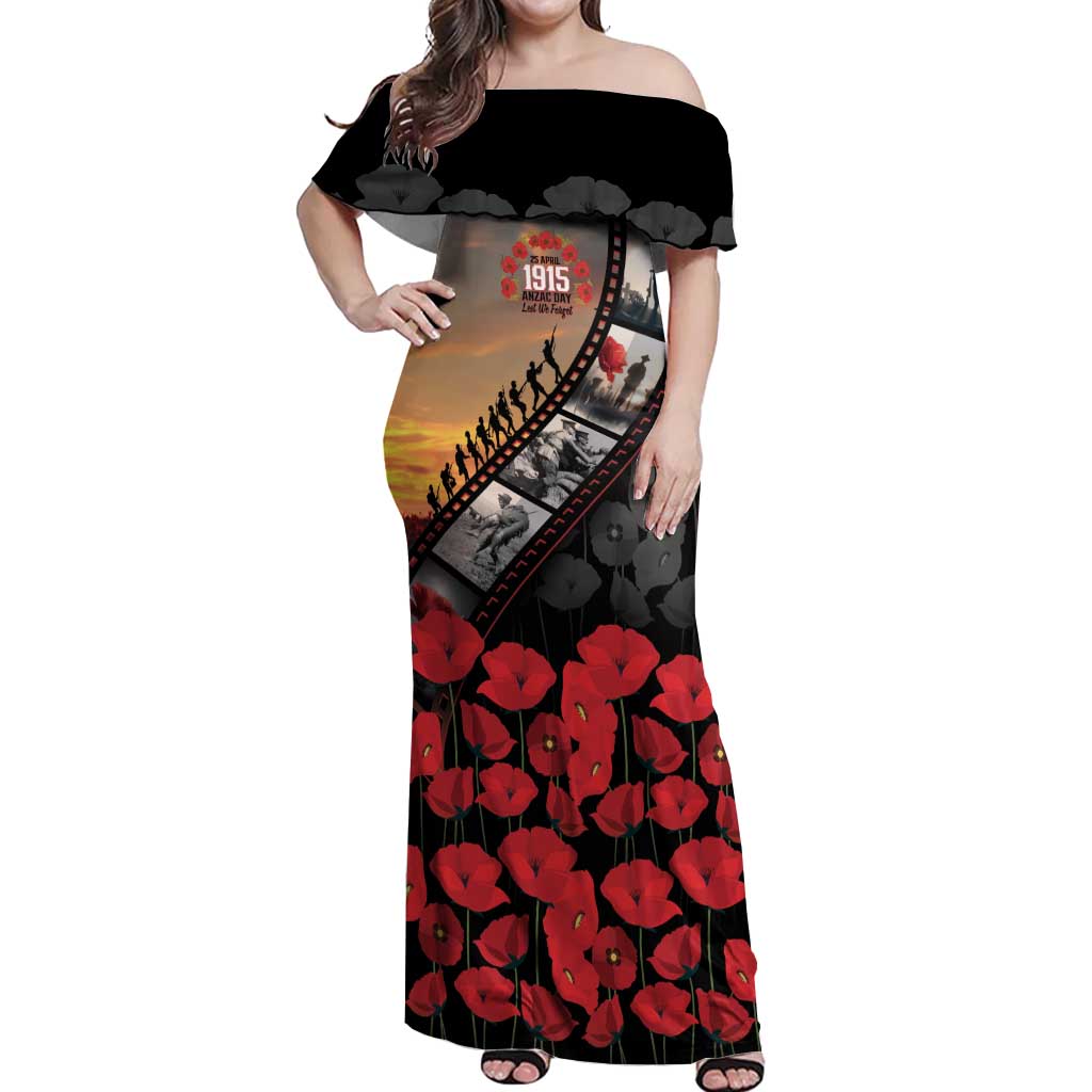 Personalised Remembering ANZAC Lest We Forget Off Shoulder Maxi Dress Vintage Film Frame Memorial Red Poppy LT9 Women Red - Polynesian Pride