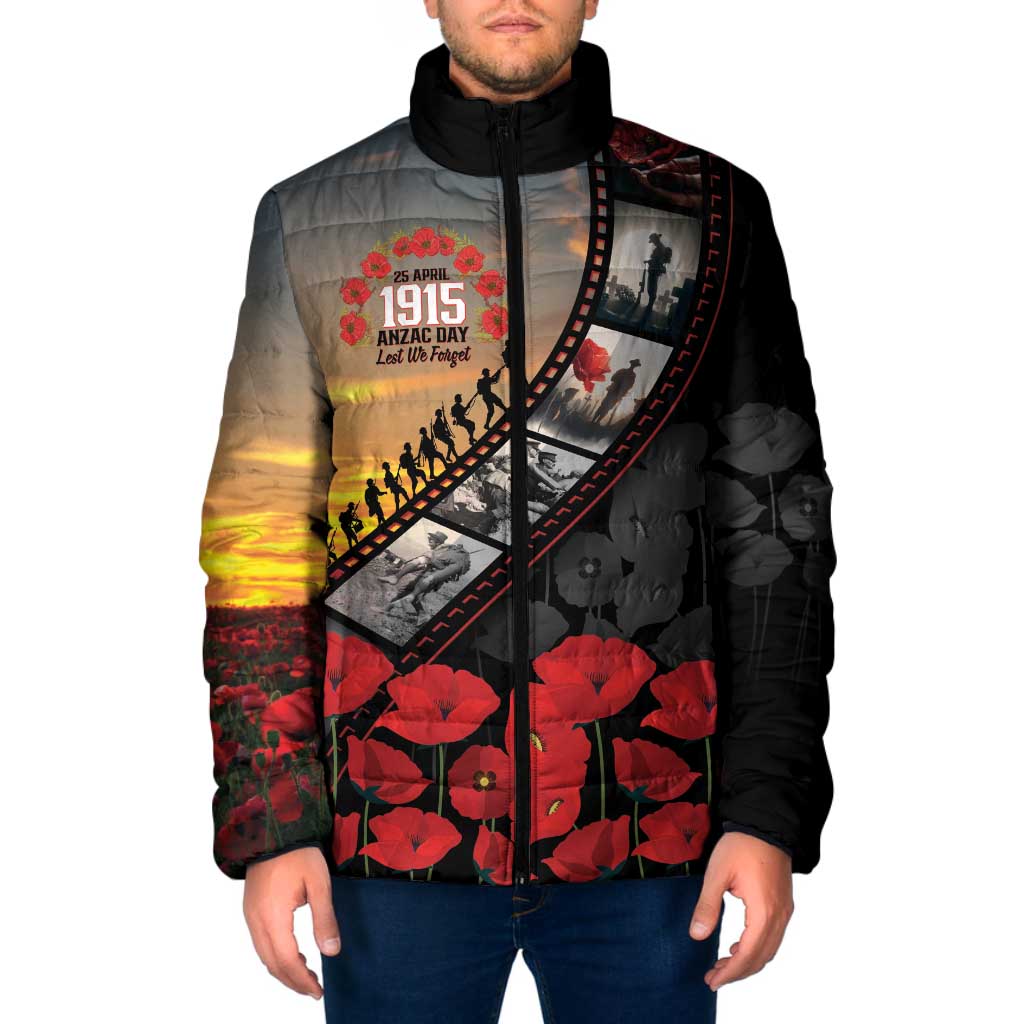 Personalised Remembering ANZAC Lest We Forget Padded Jacket Vintage Film Frame Memorial Red Poppy LT9 Men Red - Polynesian Pride
