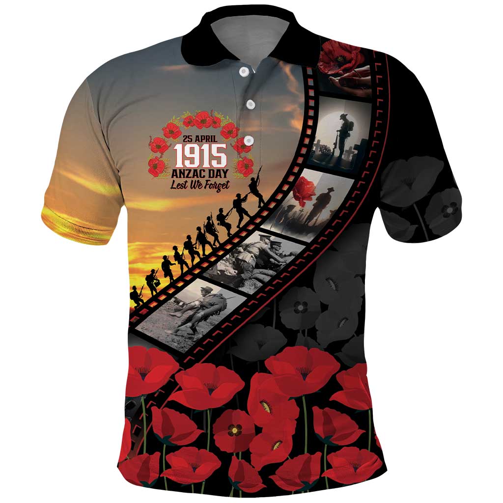 Personalised Remembering ANZAC Lest We Forget Polo Shirt Vintage Film Frame Memorial Red Poppy LT9 Red - Polynesian Pride