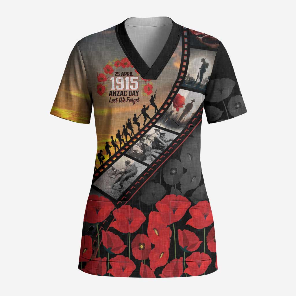 Personalised Remembering ANZAC Lest We Forget Scrub Top Vintage Film Frame Memorial Red Poppy LT9 Adult Red - Polynesian Pride