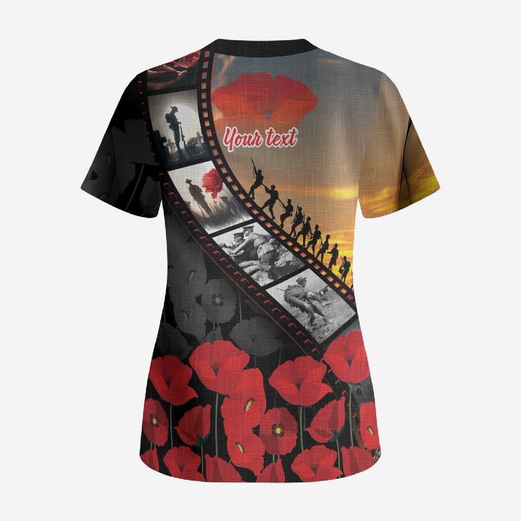 Personalised Remembering ANZAC Lest We Forget Scrub Top Vintage Film Frame Memorial Red Poppy LT9 - Polynesian Pride